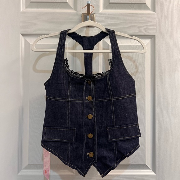 YesStyle Tops - Lace Trim Button-Up Black Denim Halter Top